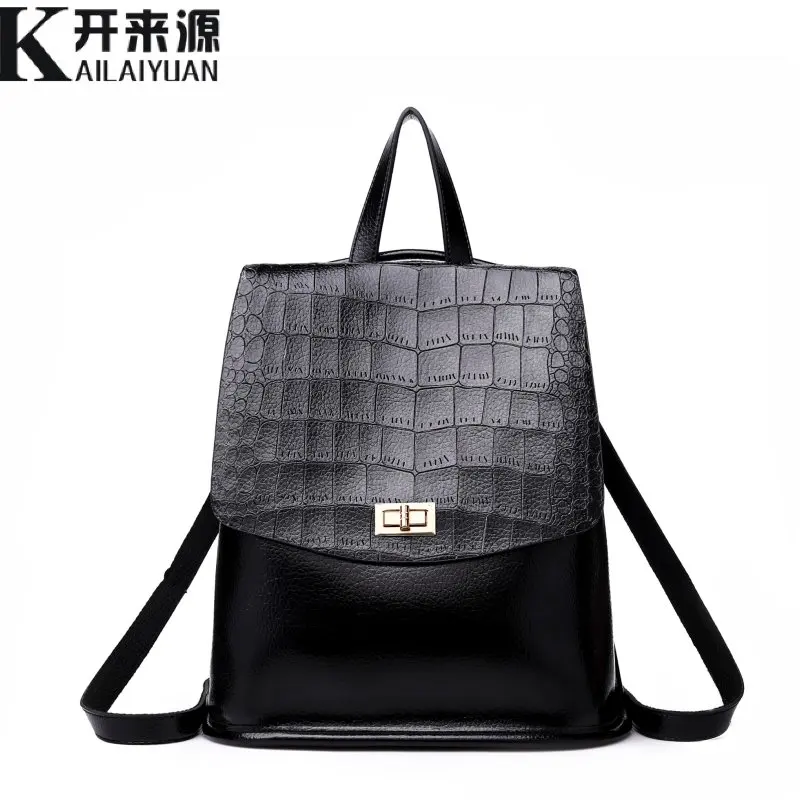 

KLY 100% Genuine leather Women Backpack 2018 New shoulder bag women's leisure retro Korean fashion Backpack Crocodile Backpack