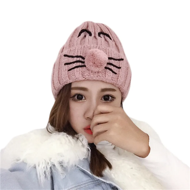  2017 Fashion Cartoon Cat Thickening Wool Hat Girls Crochet Beanies Caps Autumn and Winter Korean Women Casual Warm Hats 