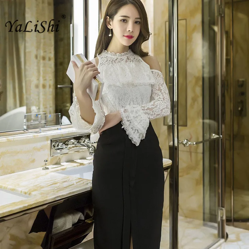 

2017 New Summer Women Suit 2 Piece Set white Flare Sleeve Lace Blouse Shirt Tops and Bandage Black Long Skirt Crop Top and Skirt