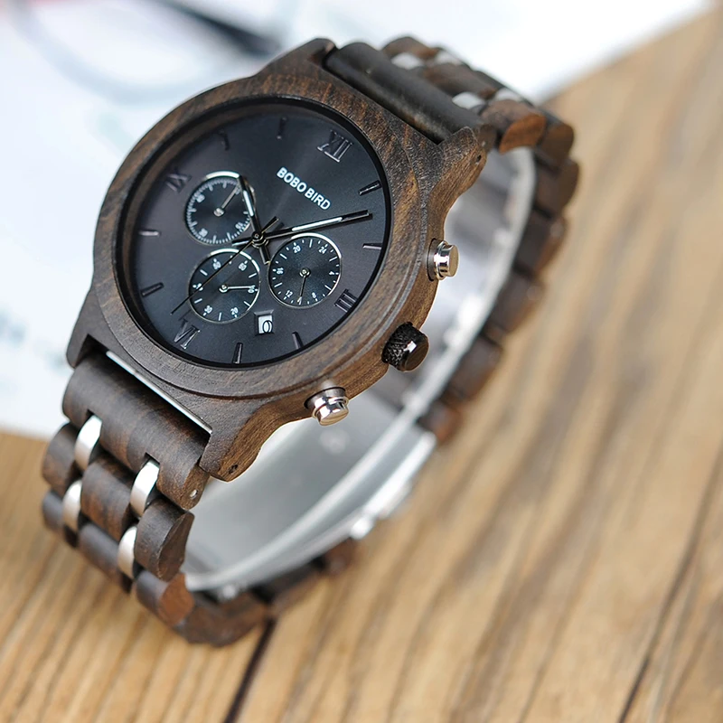 BOBO BIRD Wooden Watch Men relogio masculino Wood Metal Strap Chronograph Date Quartz Watches Luxury Versatile Timepieces WP19