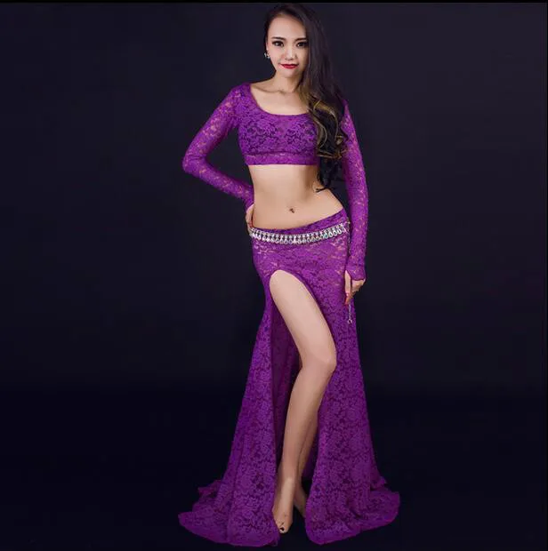 Newest belly dance clothes font b women b font lace long sleeves top font b skirt