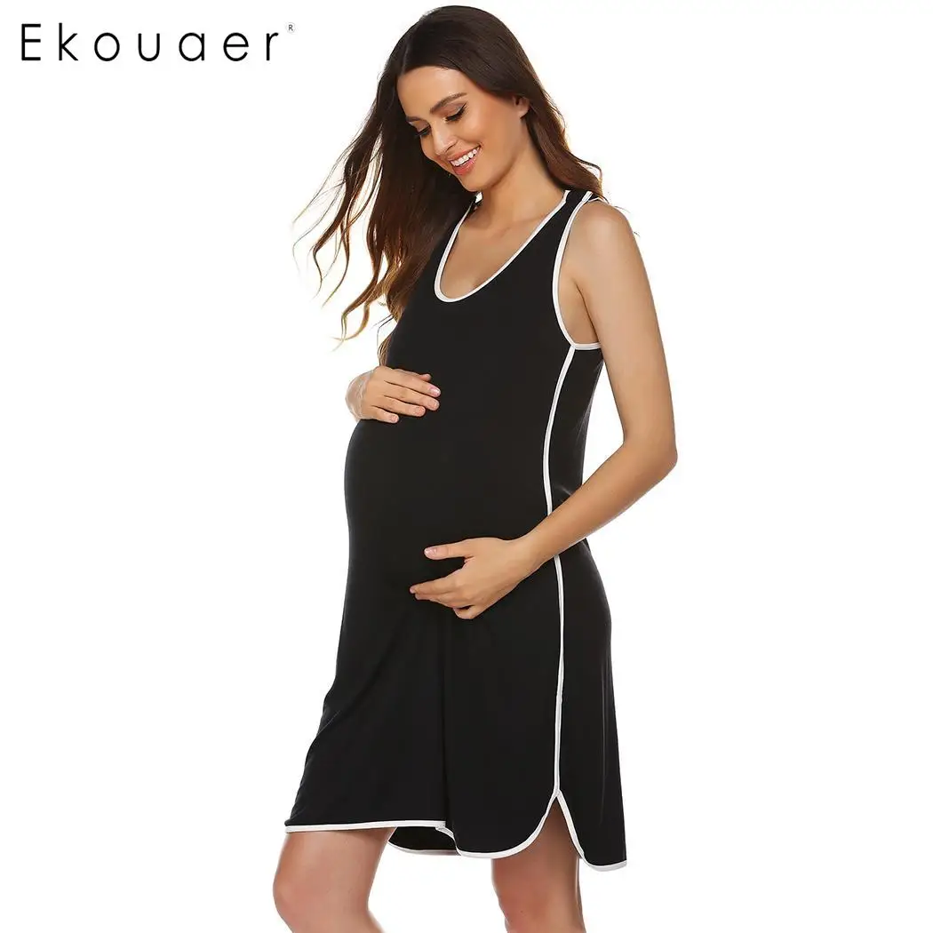 black Ekouaer домашняя ночная рубашка Летняя одежда для сна для женщин круглый вырез без рукавов Лоскутная ночная рубашка для беременных мягкая Пижама Платье - Цвет: black