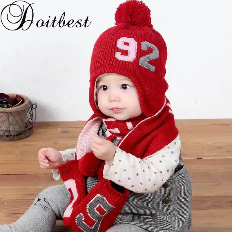 Doitbest 6 Momths To 2 Years Kid Beanie Two Braids Hair Bull Kids Boys Knit Fur Hats Wool Winter 2 Pcs Baby Girl Scarf Hat Set