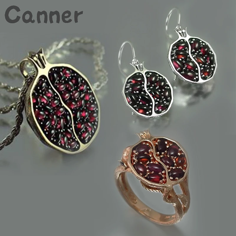 

Canner Pomegranate Gold Rings For Women Earrings Garnet Hoop Brincos Jewelry Set Necklace Collier Femme Fruit Earrings 2019 A40