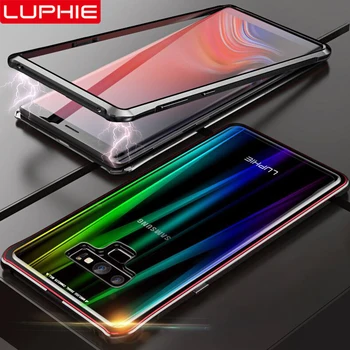 

LUPHIE Laser Aurora Magnetic Magnet Case For Samsung Galaxy Note 9 Metal Bumper Clear Glass Back Cover For Note 9 SN95