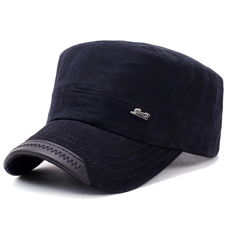 

Spring and Summer Flat Military Hat with Metal logo Curved bill Dim letter pattern Adjustable Vintage Postman Cap Army Kepi Blue