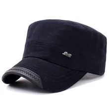 Primavera y verano sombrero militar plano con logotipo de Metal curvado bill Dim letra patrón ajustable Vintage cartero Cap ejército Kepi azul