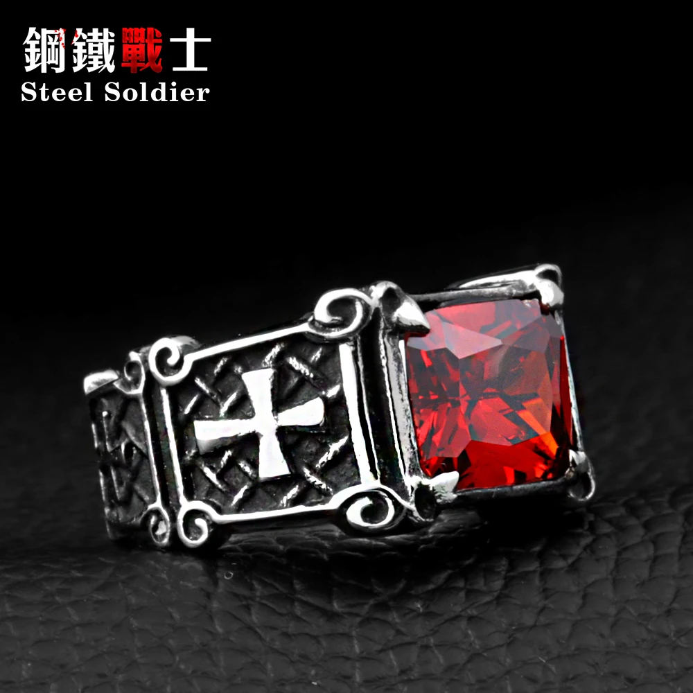 Steel soldier mix color Wholesale Jewelry Lots Vintage Friar Men's double cross Ring With Stone Red/Blue/Black Fashion