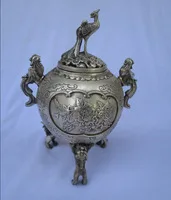 

Antique CAntique Collectible decorated old antique tibet silver carved 3 lion feet incense burner/bird lid censer Free Shipping
