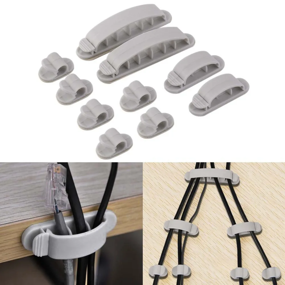 

10PCS/Lot Gray Plastic Wire Fixed Clip Self Adhesive Table Cable Cord Wire Winder Wrapper Clips Clear Up Clips Clamps