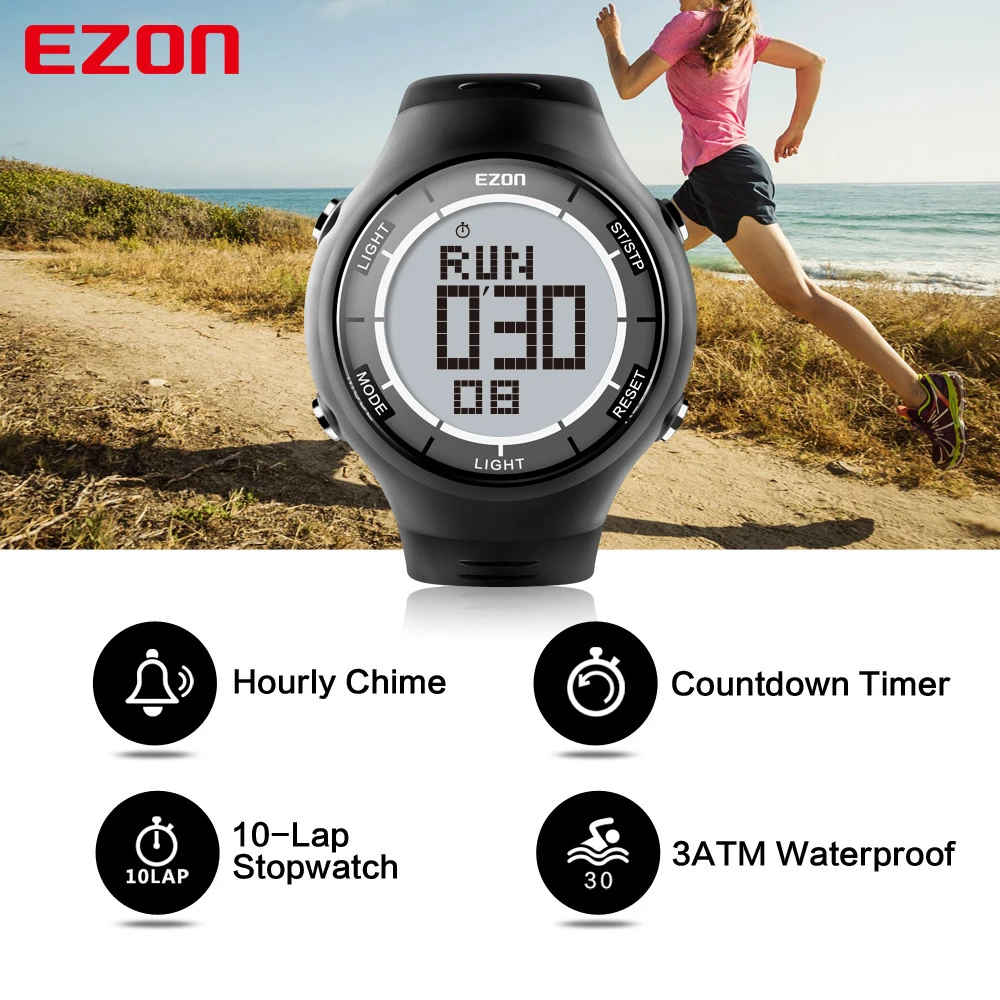 Мужские Цифровые спортивные часы для наружного бега с будильник, часы, секундомер и таймер обратного отсчета 30 м водонепроницаемый EZON L008