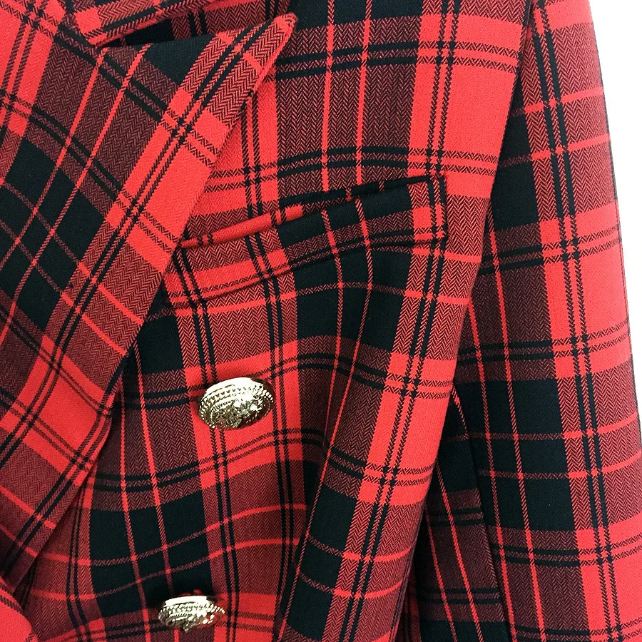  2018 Spring New Jacket Women Metal Lion Buttons Double Breasted Plaid blazer feminino