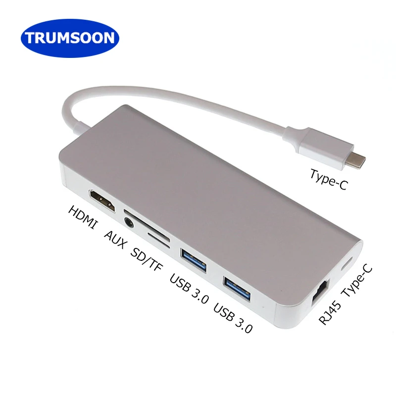 

Trumsoon Type C to HDMI Ethernet VGA Adapter USB-C USB 3.0 SD TF Card Reader Cable with 3.5 Aux for Macbook Samsung S8 S9
