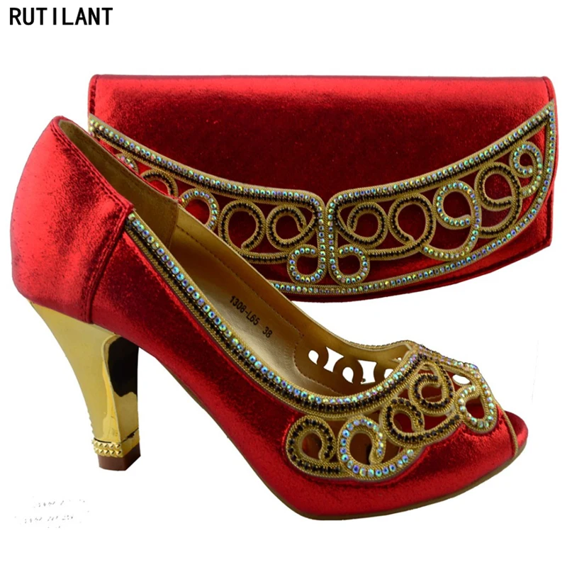 

Red Color Shoe and Bag Set for Party In Women Ladies Italian Shoes and Bag Set Decorated with Rhinestone Nigerian Women Shoes