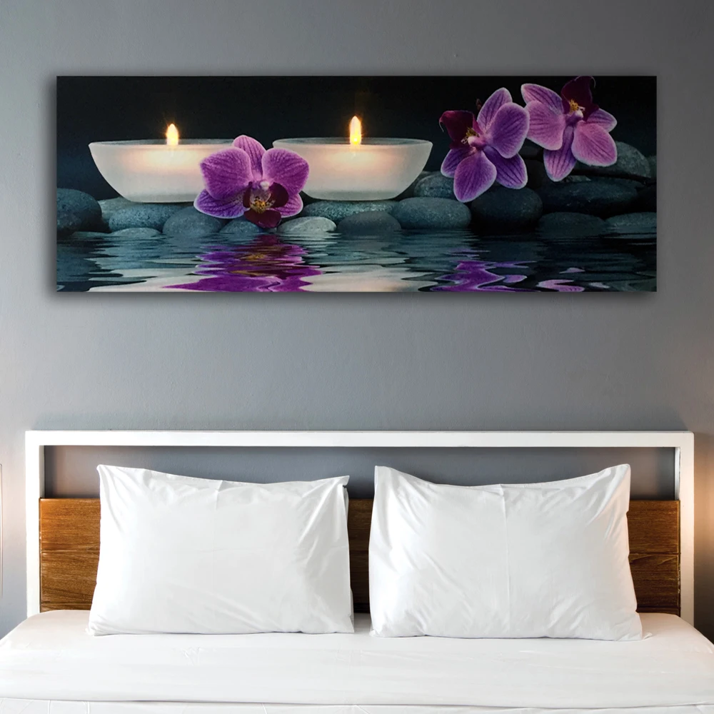 

Led wall picture orchids with tealights zen illuminated canvas art light up decor HD painting artwork printed framed 16x40inch