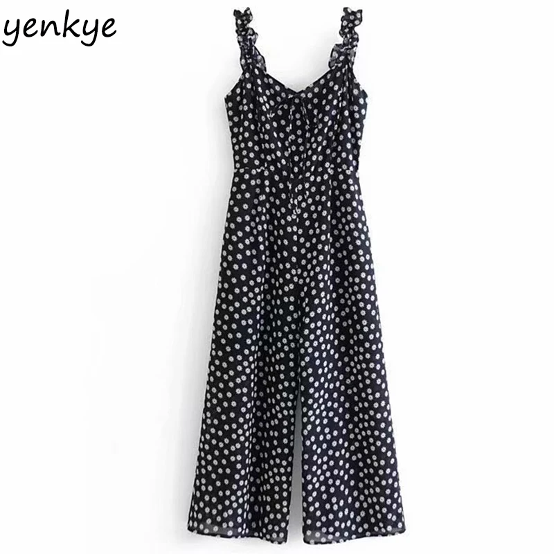 

2019 Floral Print Ruffle Sling Summer Jumpsuit Women Front Bow Tie V Neck Sleeveless Casual Beach Jumpsuit Long OMZZ6751