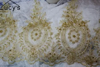 

Shiny embroidery tulle lace trim 1 Yard! Special ocation lady long dress sewing gold lace trimming with beads and sequins