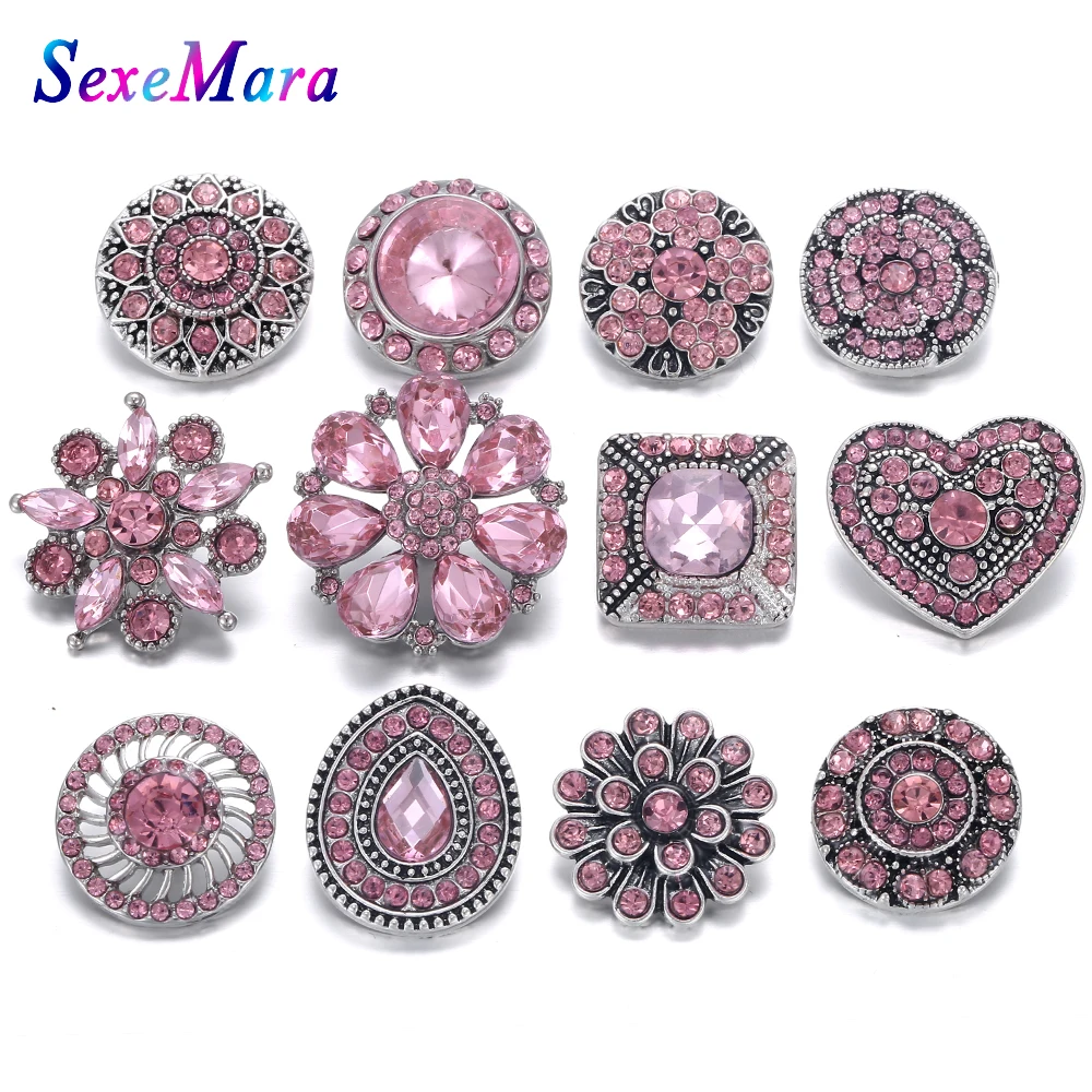 

10pcs/lot Mixed Pink Rhinestone Snap Button Jewelry 18mm Flower Snap Buttons for Snap Button Jewellery Snaps Bracelet Necklace