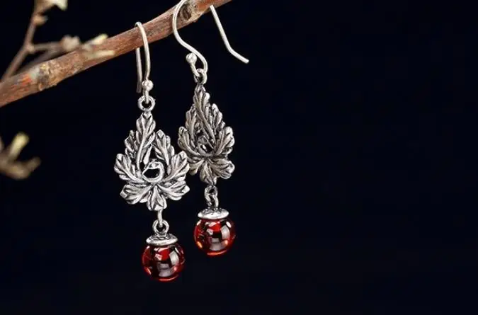 

Sterling S990 990 silver Drop Earrings phoenix chalcedony natural stone vintage trendy for woman earring 35MM