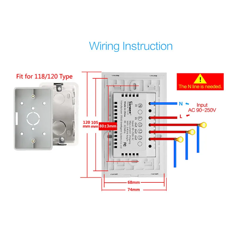 SONOFF T1 US: 1-3 GANG US AU Standard WIFI RF Smart Wall Touch Light Switch Touch/WiFi/315 RF/APP Remote control