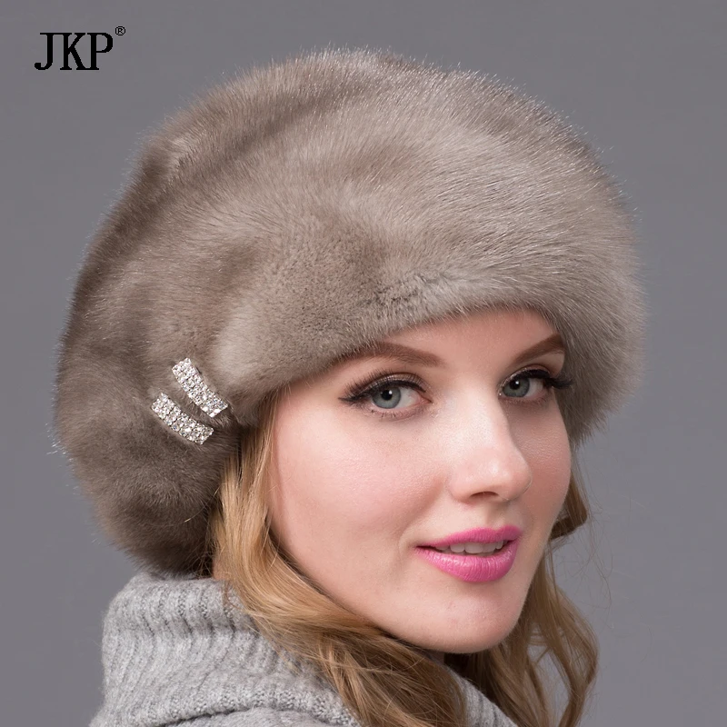 

Real mink fur hats winter women hats with diamond Brown mink Beanies mink fur beret Russia good quality fur fashion hat dhy-53
