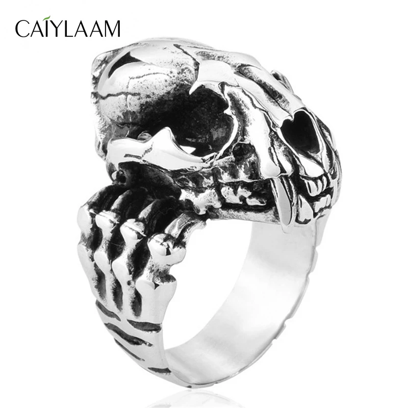 

CAIYLAAM Vintage Bone Ring Punk Men's Ring Prehistoric Saber-toothed Tiger Skull Thai Silver Style Male Jewelry For Male Rings
