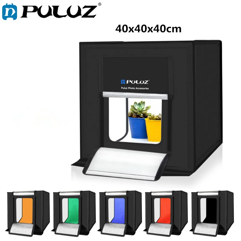 

PULUZ 40*40cm Mini Studio Diffuse Soft Box Lightbox with LED Light Tabletop Shooting Photo Studio Box with 6 Color Backdrops
