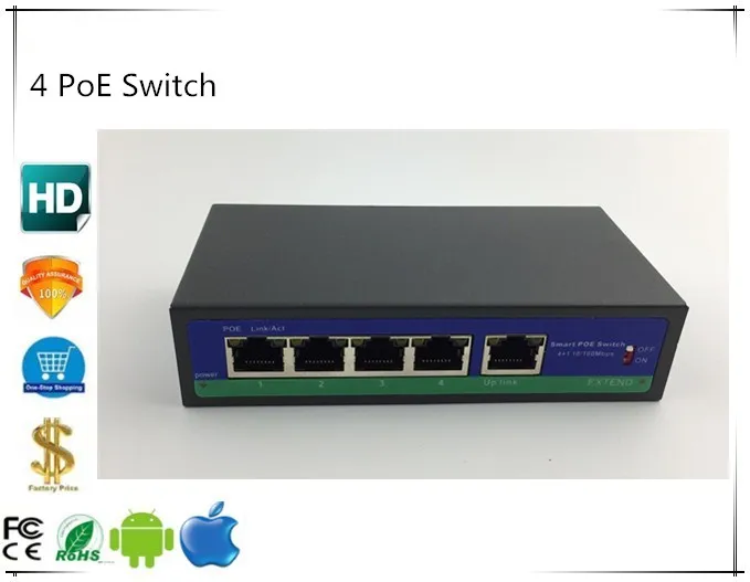 

5Port 48V 4 PoE Injector Power Over Ethernet Switch 78W IEEE802.3af/at 1,2+/3,6- with Power Adapter For IP Camera CCTV