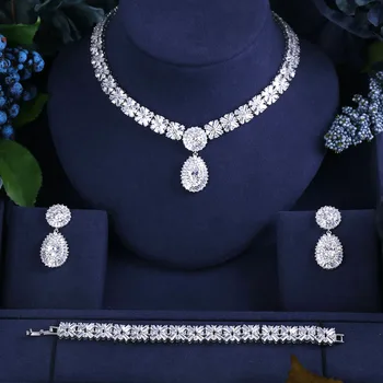 

4 Color Select Elegant Shape Bridal Cubic Zirconia Necklace Earrings Bracelet Sets Big Wedding Jewelry Sets For Brides