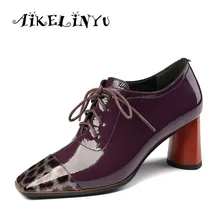 AIKELINYU Women Cow Patent Leather Lace Up Pumps Fashion Square Toe High Heels Elegant Shoes Woman Female Office Pumps Shoes цена AIKELINYU Women Cow Patent Leather Lace Up Pumps Fashion Square Toe High Heels Elegant Shoes Woman Female Office Pumps Shoes цены онлайн