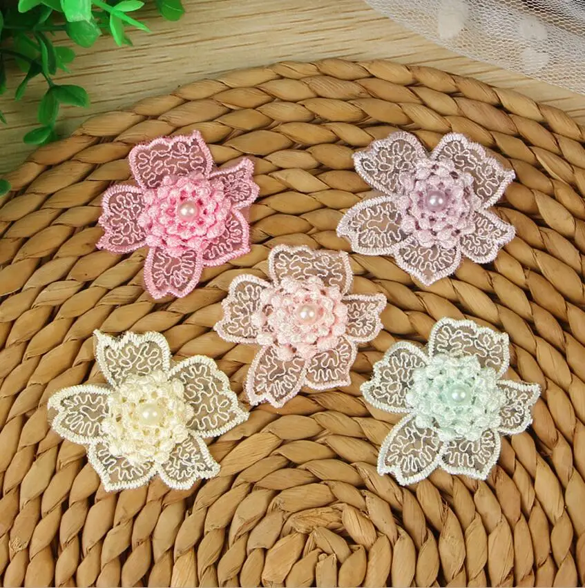 

K15327 10pcs 5colors DIY Polyester Pearl Simulation Christmas Gift Lace Trim Organze Flower Wedding Artificial flowers Crafts