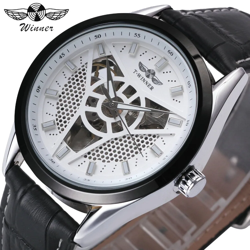 

WINNER Sport Watch Men Auto Mechanical Watches White Triangle Dart Turbo Design Genuine Leather Strap Fashion Racing Wristwatch