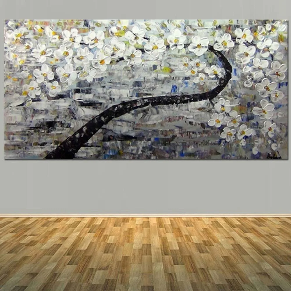 

Hand Painted Modern Abstract Blooming White Flower Tree Oil Painting Canvas Art Wall Picture Living Room Bedroom Home Wall Decor
