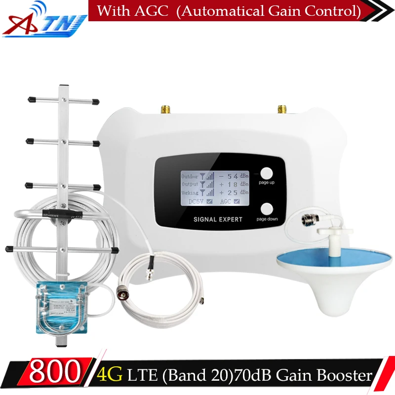 

ATNJ 4G LTE 800mhz (Band 20) 70dB Cell Phone Signal Amplifier Cellular Booster LTE 800 Repeater ALC AGC 4G Repeater 4G Antenna
