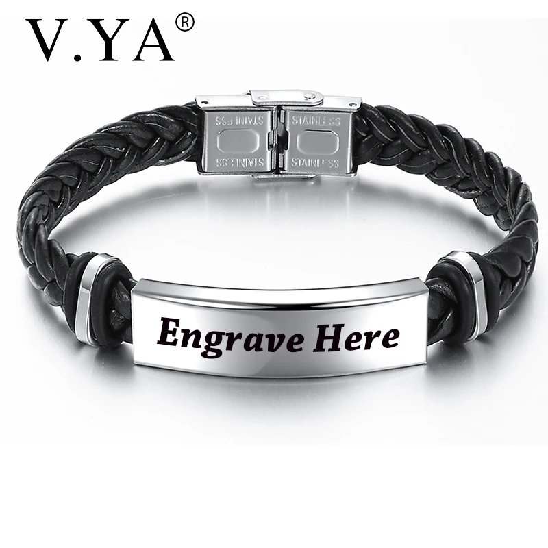 V. YA индивидуальные кожаные плетеные веревки браслеты для мужчин Мода индивидуальность Нержавеющая сталь DIY гравировка браслет для мужчин подарок