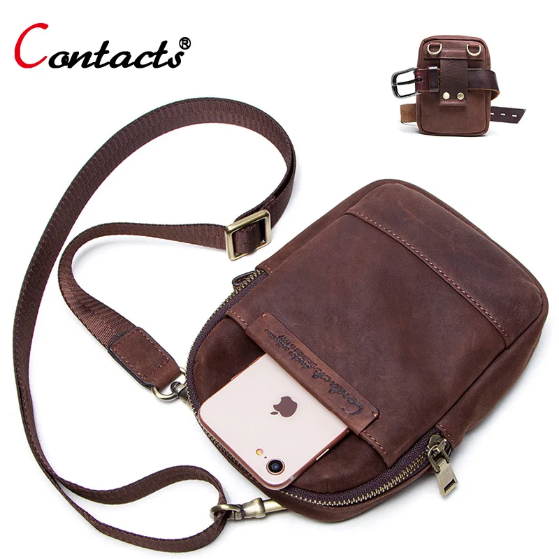 

CONTACT'S multifunction small summer crossbody bag men shoulder messenger bag with phone pocket leather waist pack mini male bag