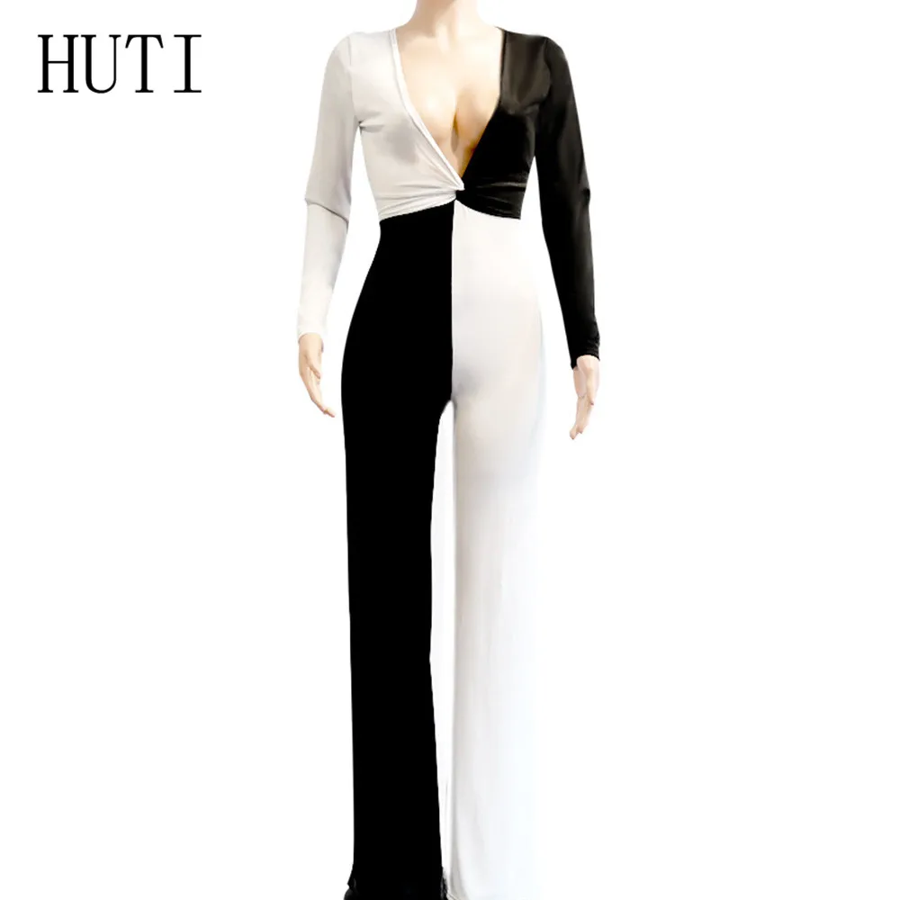 HUTI Black White Patchwork Jumpsuits Sexy Deep V Neck Long Sleeve Autumn Loose Playsuits Women Combinaison Femme Plus Size XXL HUTI Black White Patchwork Jumpsuits Sexy Deep V Neck Long Sleeve Autumn Loose Playsuits Women Combinaison Femme Plus Size XXL