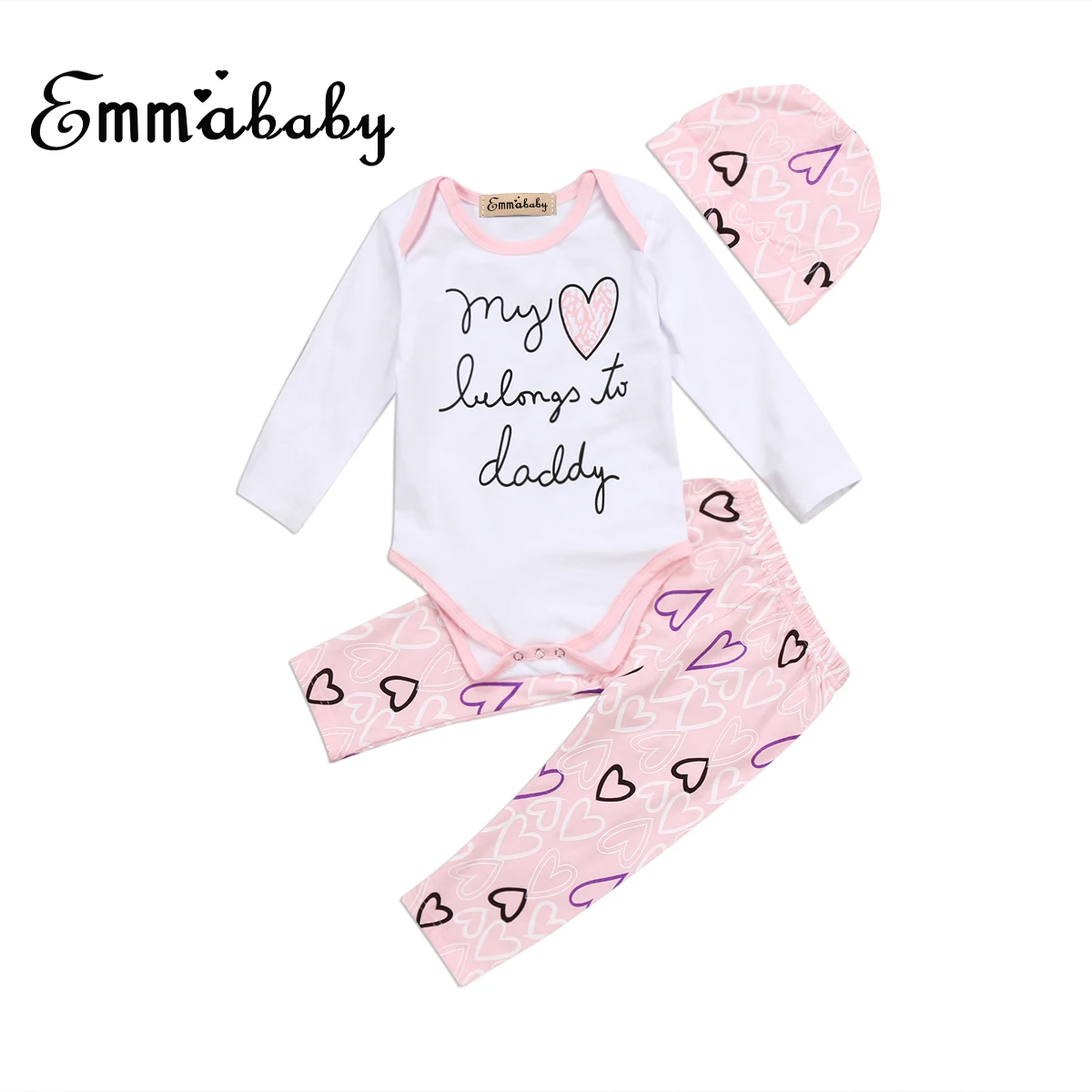 2018 lovely babies set 3pcs Toddler Infant Baby Girls long sleeve Heart bodysuit Pink Pants hats Clothes cute Outfits Set 0-24M