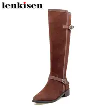 Lenkisen/высококачественные зимние сапоги до колена из натуральной кожи с круглым носком на низком квадратном каблуке на молнии; Женская Классическая обувь с пряжкой; L5f1