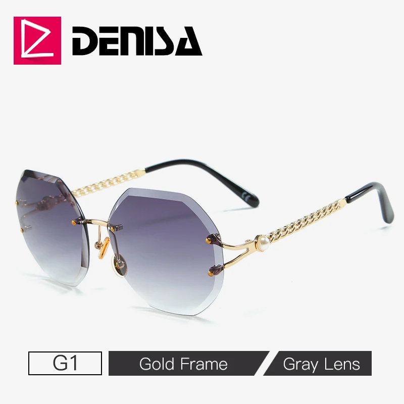 DENISA Pearl Rimless Ladies Sunglasses Unique Frame Polygon Womens Sunglasses Brand Designer UV400 Fashion gozluk G23001 - Цвет линз: G1 Gray Sunglasses