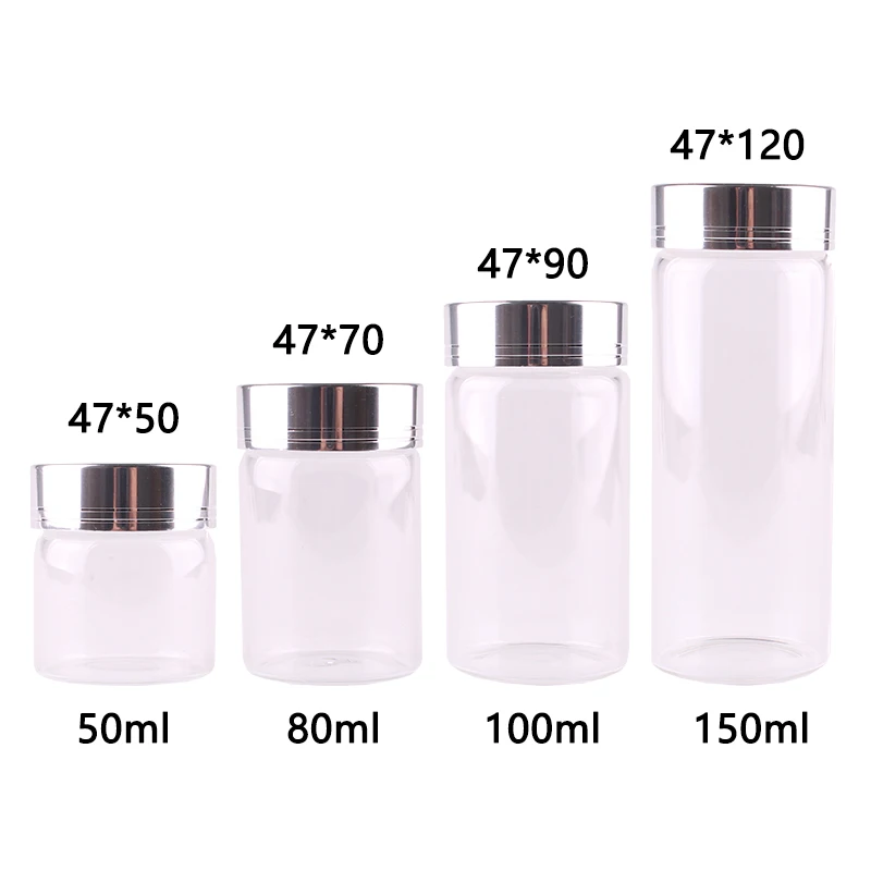 

16pcs Dia 47mm 50ml/80ml/100ml/150ml Transparent Glass Spice Bottles Jar Terrarium with Silver Aluminum Lid Wedding Craft Gift