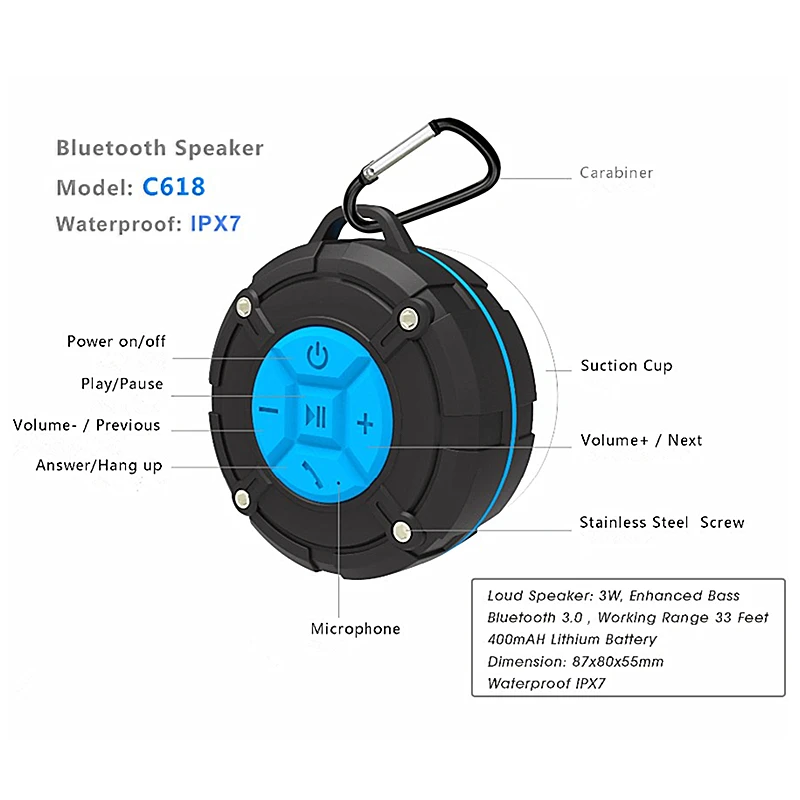 TOPROAD Водонепроницаемый IPX7 Bluetooth динамик открытый портативный беспроводной стерео для душа s Громкая связь микрофон громкий динамик присоска