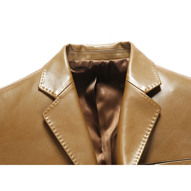 Мужской кожаный костюм весенний и осенний блейзер мужской костюм из овчины топы из натурального спилка кожаная тонкая куртка черная, коричневая куртка