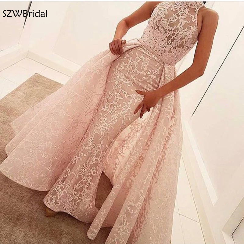 

Muslim Evening Dresses 2019 Mermaid High Neck Detachable Skirt Lace Islamic Dubai Kaftan Saudi Arabic Long Evening Gowns Prom