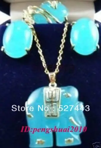 

FREE SHIPPING>>@> Wholesale Fashion Blue Jade Silver Plated Chain Elephant Lady Necklace Earrings Ring Set Natural jewelry