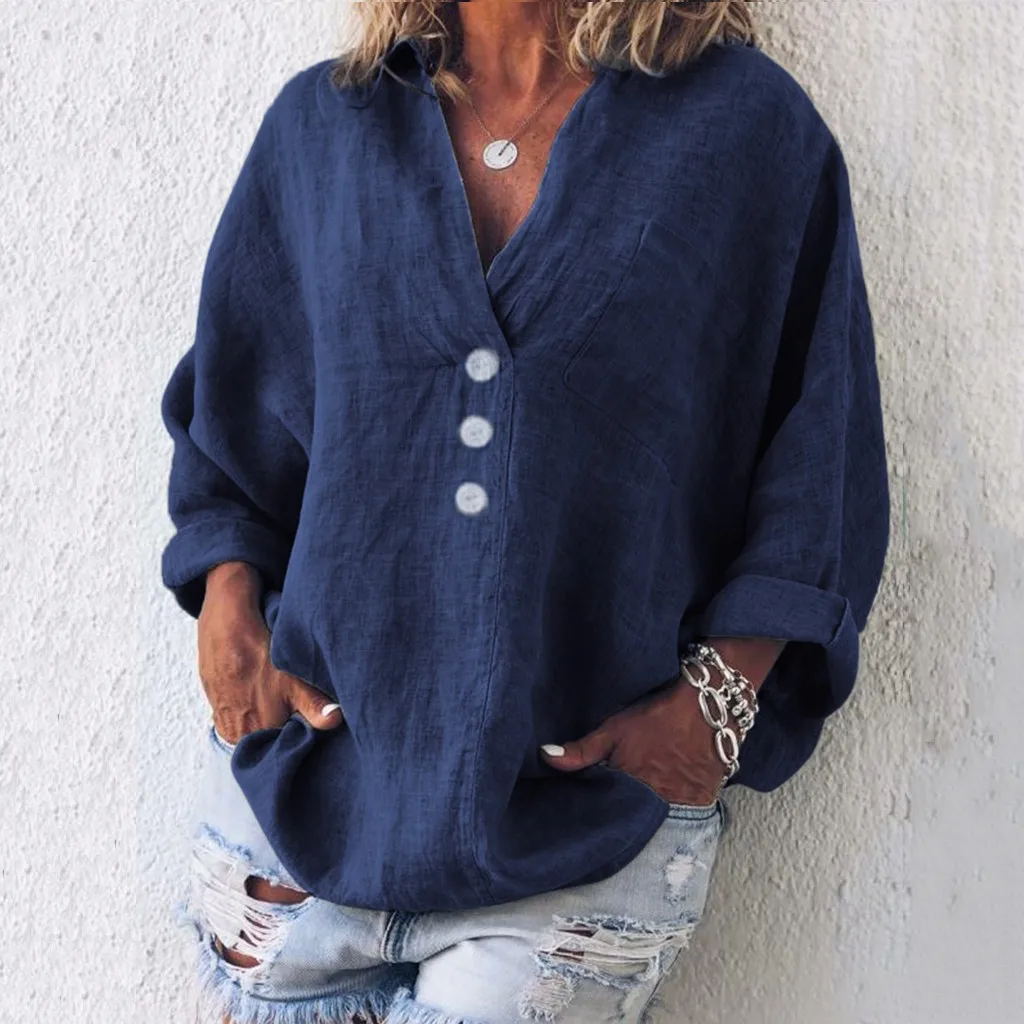 

Women Sexy Deep V-Neck Blouse Solid Long Sleeve Button Shirts Lady Elegant Blusas Tops Plus Size Camisas Blusas Femininas 2019