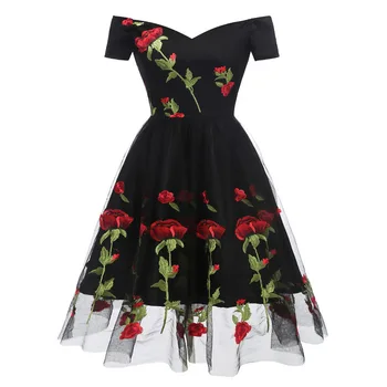 

Vestidos Mujer 2019 New Embroidery Rose Flower Mesh Gauze Slash Neck A Line Women Dress Formal Evening Party Dresses Black/White