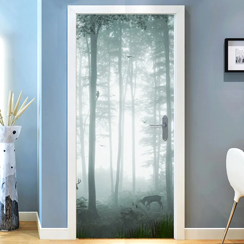 Современный простой Туманный лес, наклейка на дверь, 3D пейзаж, обои, ПВХ, самоклеющиеся, водонепроницаемые, настенные, на дверь, наклейки для гостиной, фрески