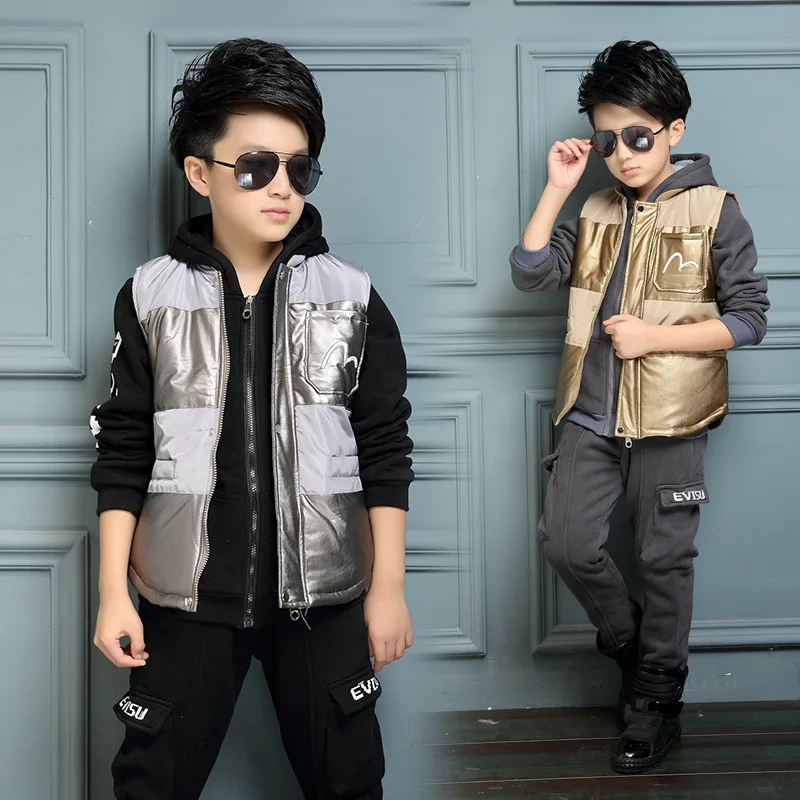 

2016 Winter kid boys cotton thicking streetwear three-piece set children fashion bright silver clothing suit