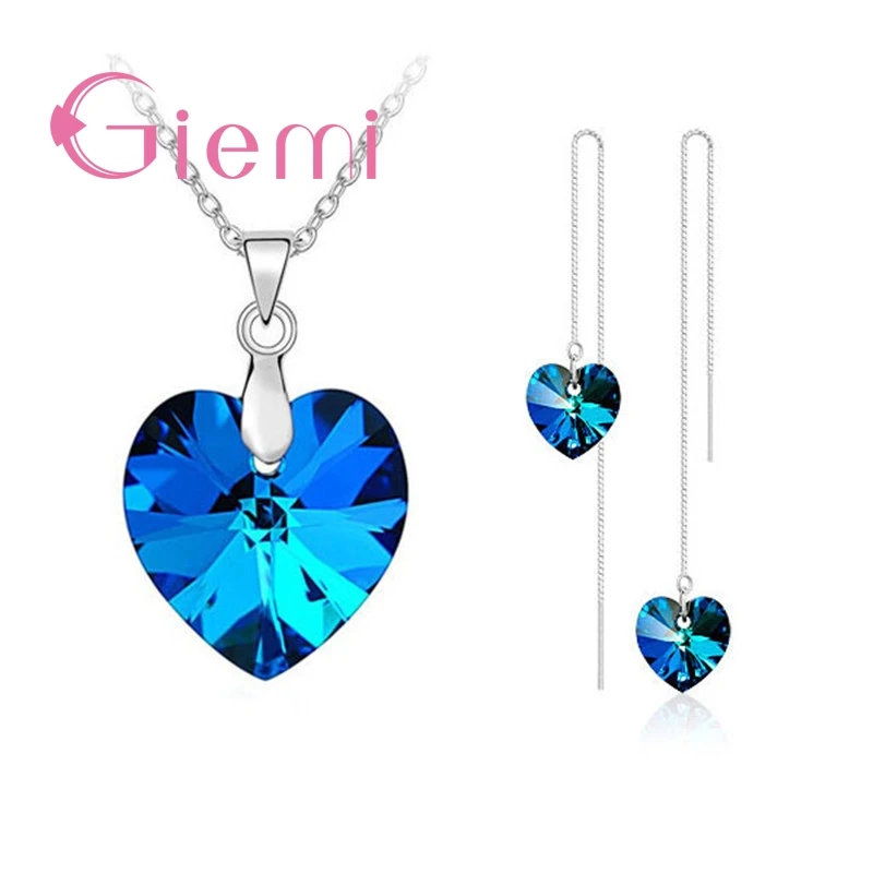 

Authentic 925 Sterling Silver Jewelry Sets for Women Girls Gifts Austrian Crystal Heart Pendant Necklace Thread Earrings Chain